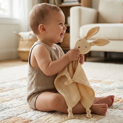 bébé s'attache  à son Doudou lapin beige