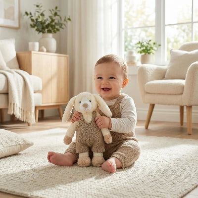 bébé souriant assis avec doudou lapin au salon
