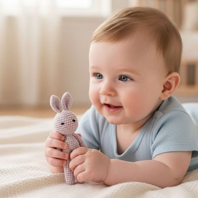bébé souriant avec doudou lapin 