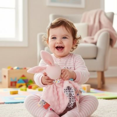 bébé souriant avec doudou lapin 