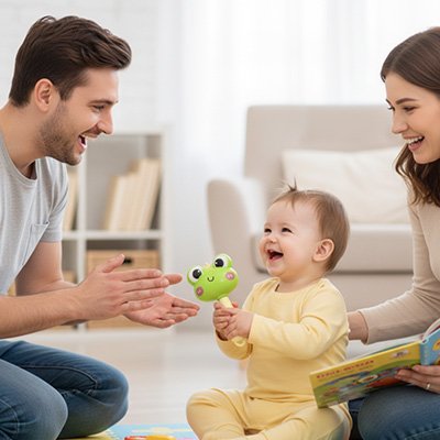 Bébé tenant hochet grenouille  en éclat de rire avec ses parents 