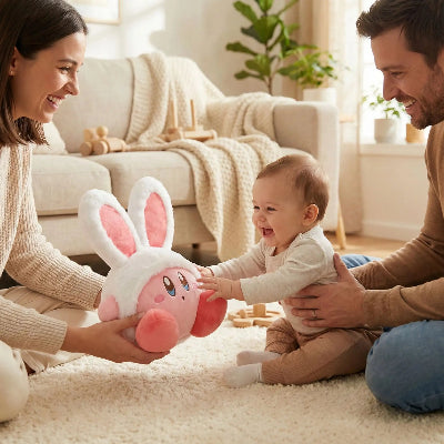 bébé touche doudou rose lapin parents émerveillés
