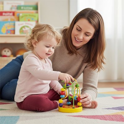 Boulier en bois bébé avec maman en bonne humeur