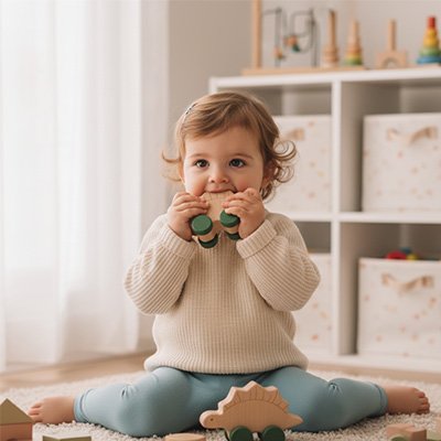 Dinosaure jouet bébé bien assis dans sa chambre