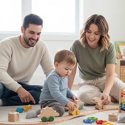 Dinosaure jouet bébé entouré de ses parents contents