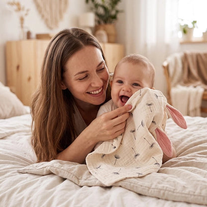 Doudou bebe avec maman souriante