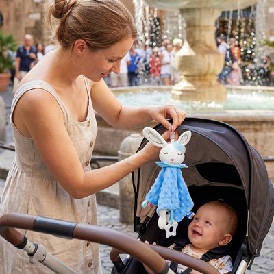 Doudou bébé fille original facile à accrocher sur poussette