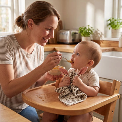 Doudou bebe sur la table à manger