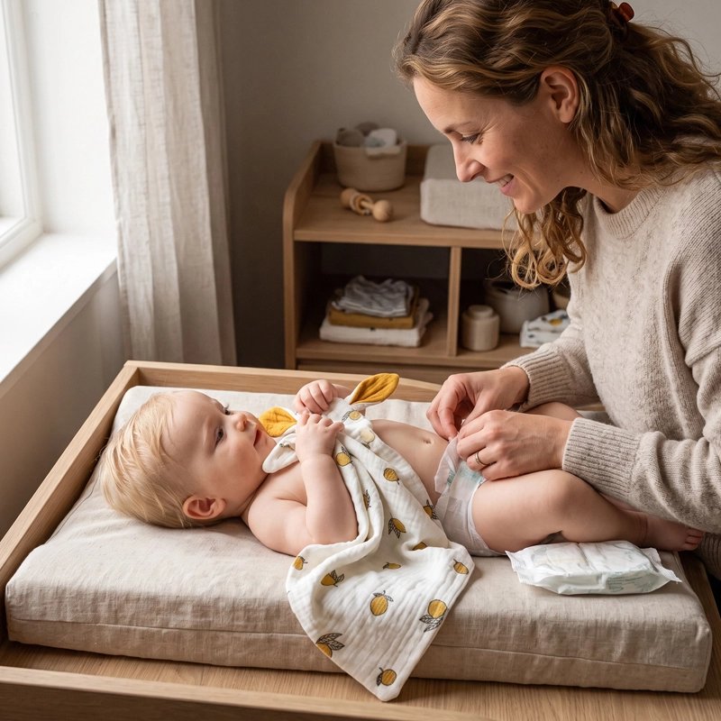 Doudou bebe sur table à langer