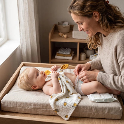 Doudou bebe sur table à langer