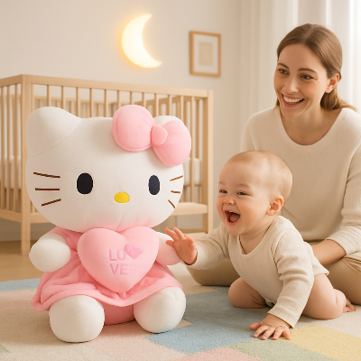 doudou chat rose bébé content