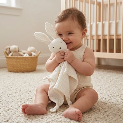 Doudou lapin  blanc procure bonheur au bébe