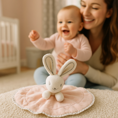 doudou lapin rendant contents bébé et maman