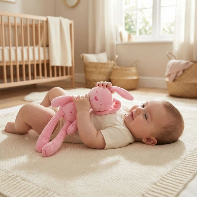 doudou lapin rose bébé allongé