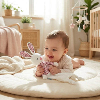 doudou lapin rose bébé bien allongé