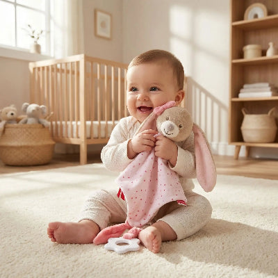 doudou lapin rose bébé content