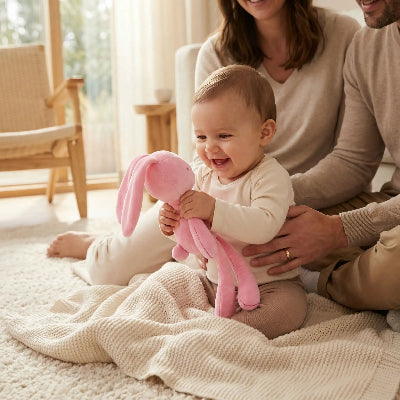 doudou lapin rose bébé entouré par parents