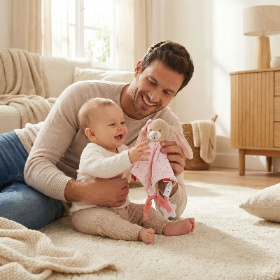doudou lapin rose bébé avec papa content