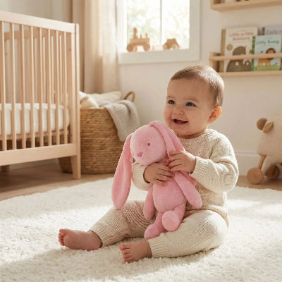 doudou lapin rose câlin avec bébé