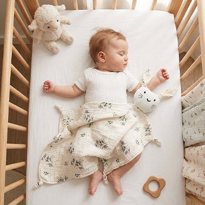 Doudou lapin surveille  bébé dans son lit