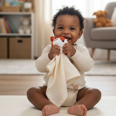 Doudou renard  blanc rend bébé heureux