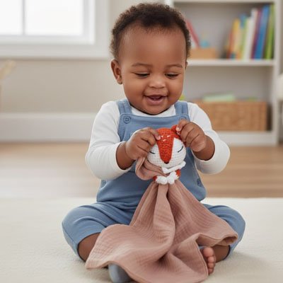 Doudou renard  rose procure bonheur au bébé