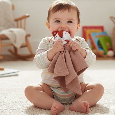 Doudou renard  rose soulage le bébé 