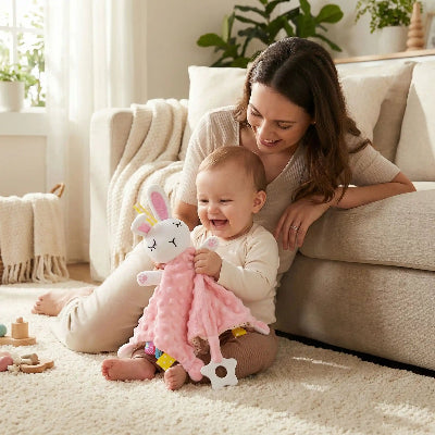 doudou rose lapin beaux yeux bébé souriant