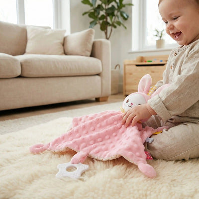 bébé joue avec doudou rose lapin longues oreilles