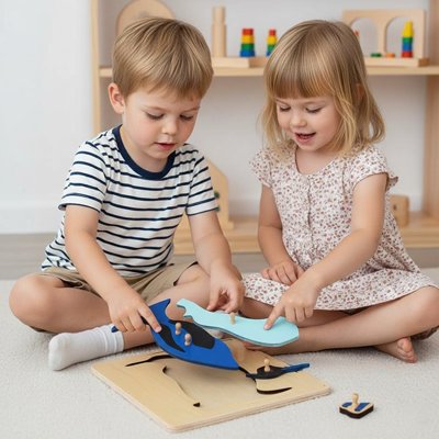 enfants jouent avec Puzzle bois pingouin