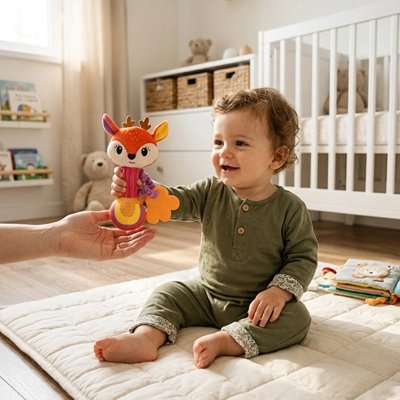 Hochet bébé assis  sur tapis dans sa chambre