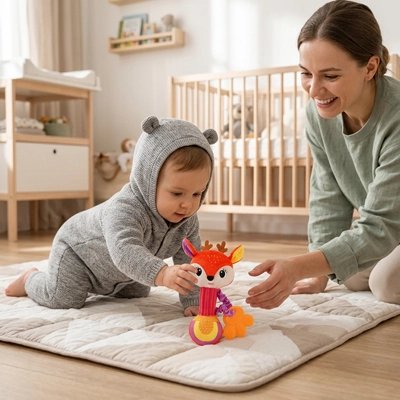Hochet bébé avec maman sur tapis