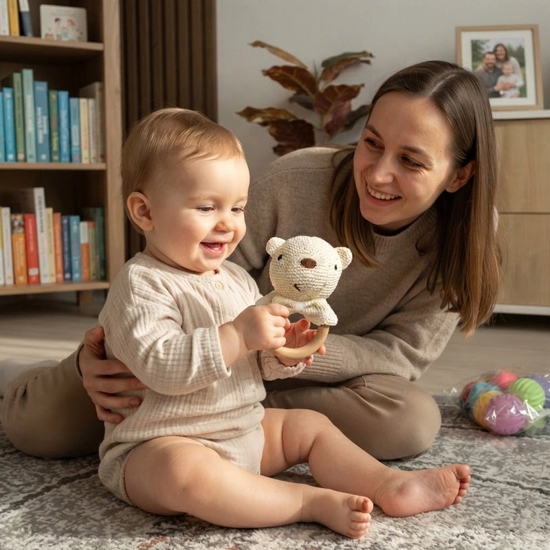 Hochet bébé ours avec maman souriante