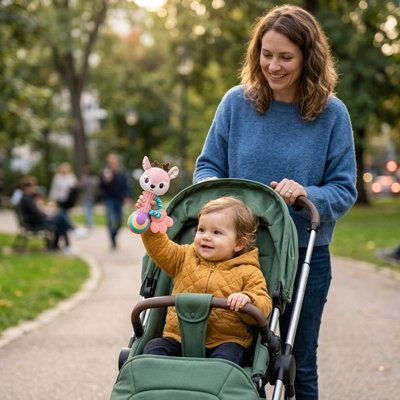 Hochet bébé sur poussette avec maman