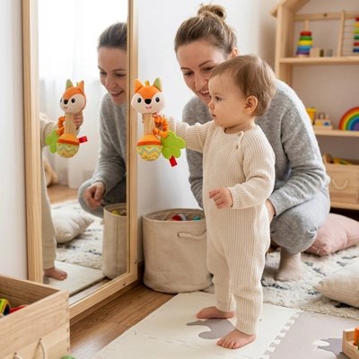 Hochet en forme de renard bébé devant miroir avec sa maman