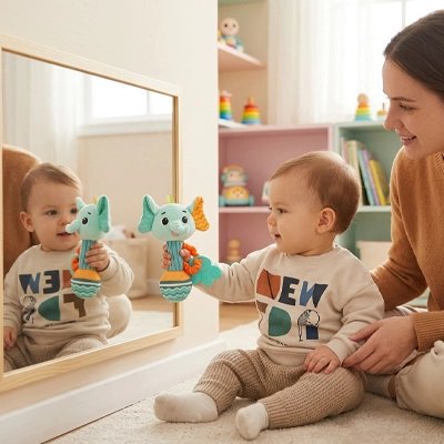 Hochet en forme d'éléphant  bébé devant le miroir