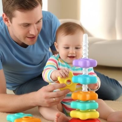 Jouet bebe 1 an entouré avec papa