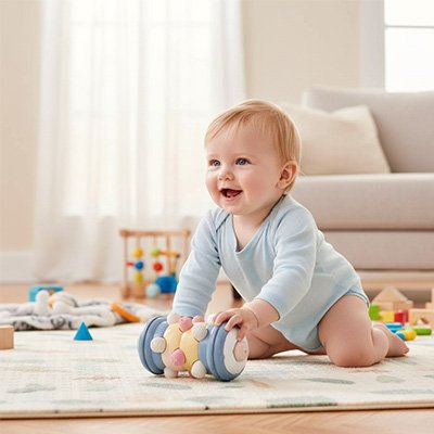 Jouet bebe 1 an  rouleau bleu au salon