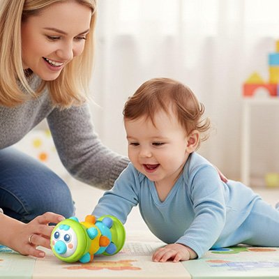 Jouet bebe 1 an rouleau vert avec maman