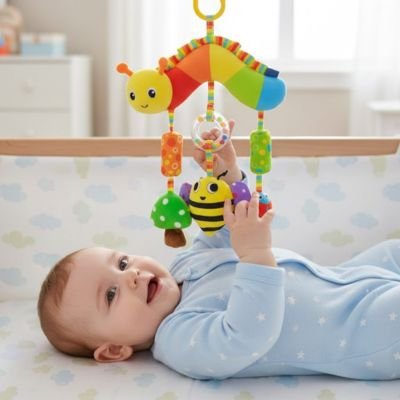 Jouet bebe allongé jouant avec chenille