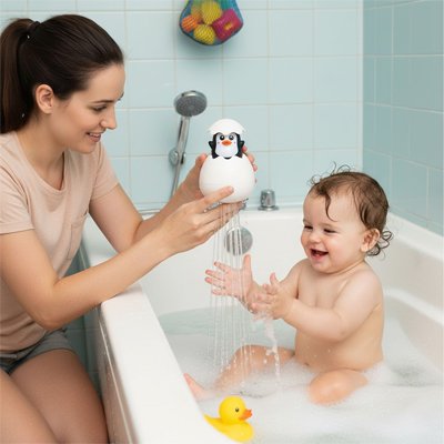 Jouet bebe bain  pingouin avec maman