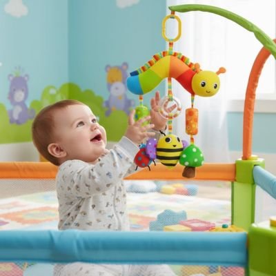 Jouet bebe chenille accroché au parc de jeu