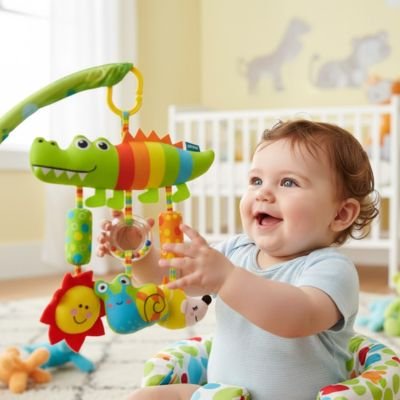 Jouet bebe émerveillé par crocodile