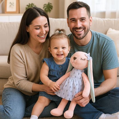 Lapin doudou avec bébé et parents souriants
