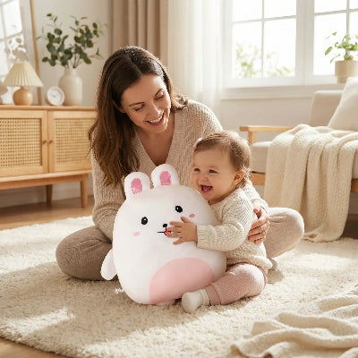 lapin doudou bébé content avec maman