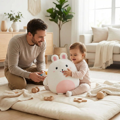 lapin doudou bébé content avec papa