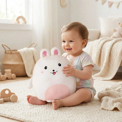 lapin doudou bébé content au salon