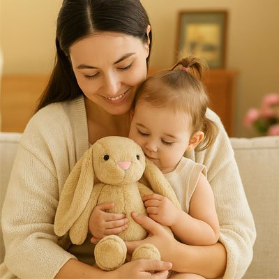Lapin doudou beige avec  bébé et maman contente