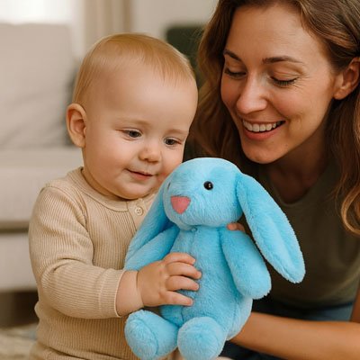 Lapin doudou Bleu adorable par maman souriante avec son bébé