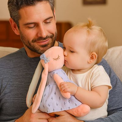 Lapin doudou bleu avec papa serein